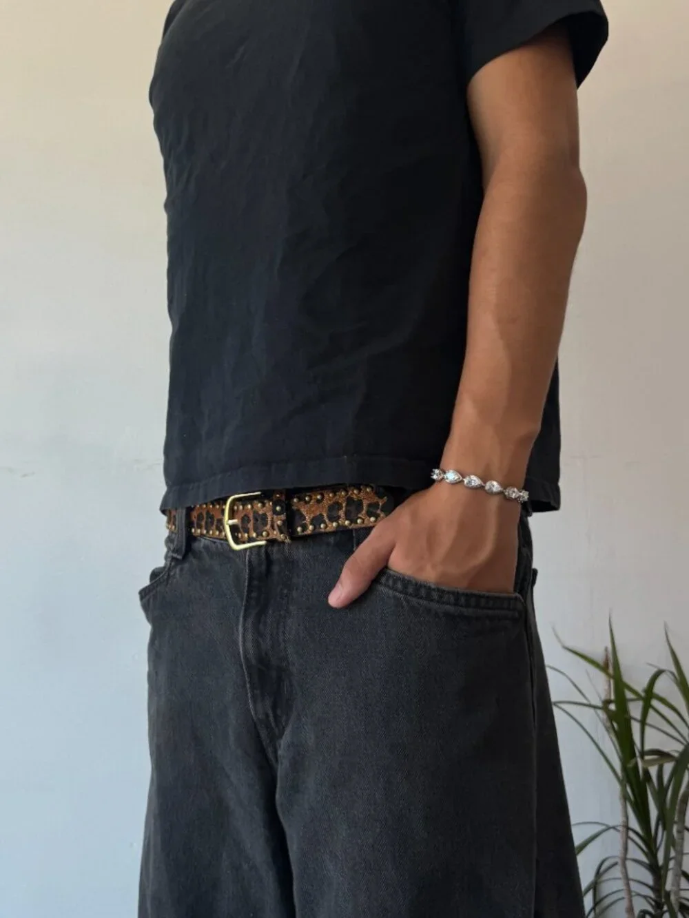 Brown Leopard Studded Brass Buckle Belt